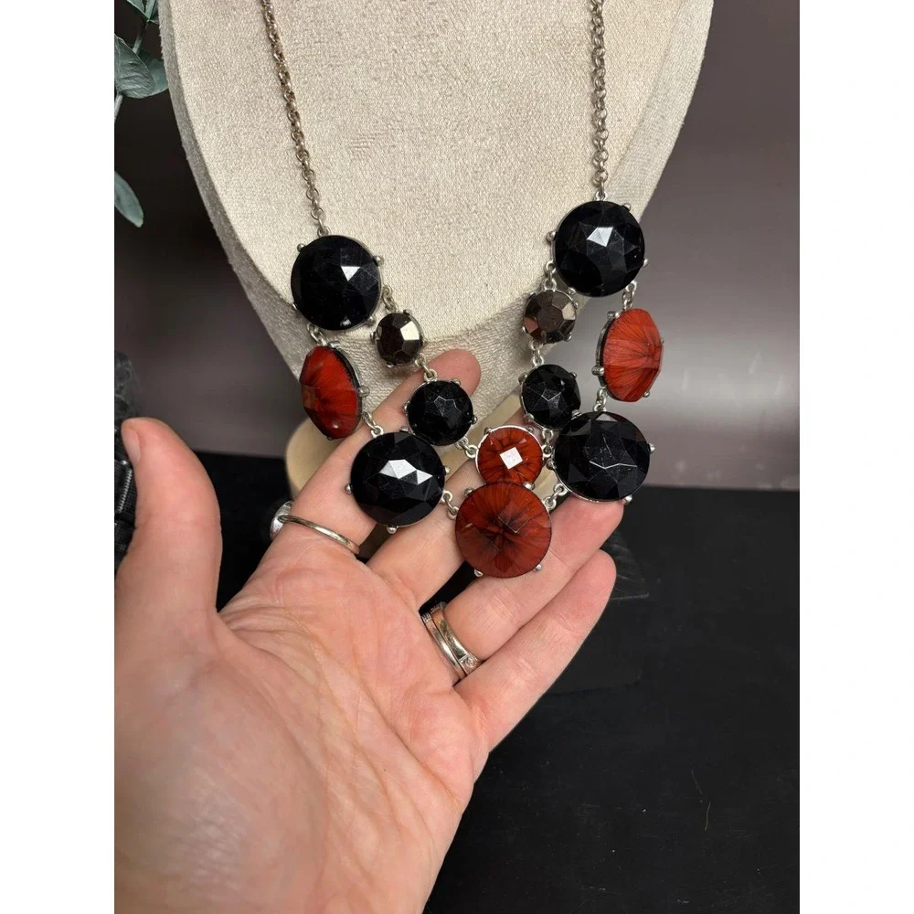 Erica Lyons Statement Necklace | Black +‎ Red Marbled Acrylic | Silver 20